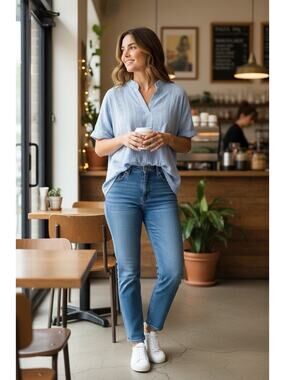Womens Large Light Blue Textured Blouse Short Sleeve V Neck Casual Summer Top